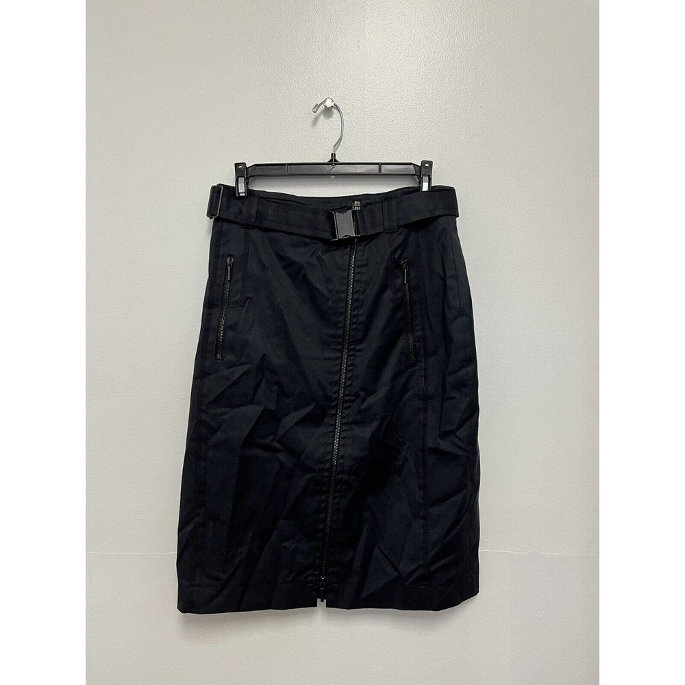 Akris Punto 6 Black Belted Pencil Skirt Flat Front Lined Slit Buckle Business